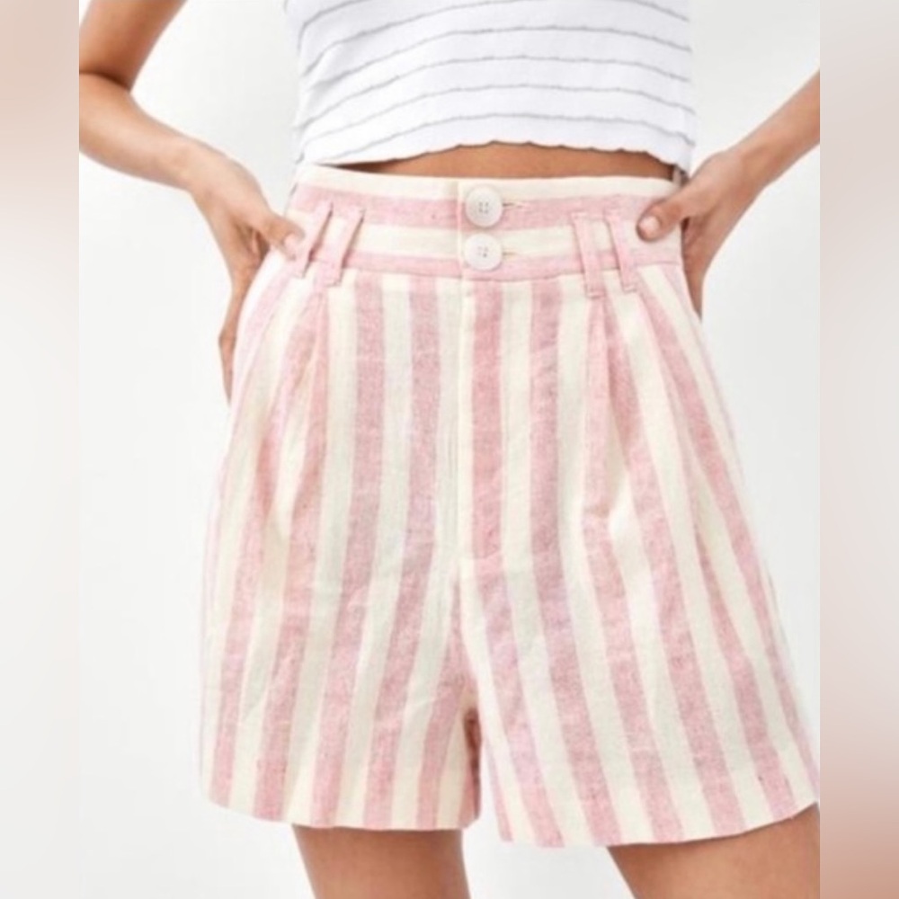 Zara High Waist Pink and White linen Striped Shorts